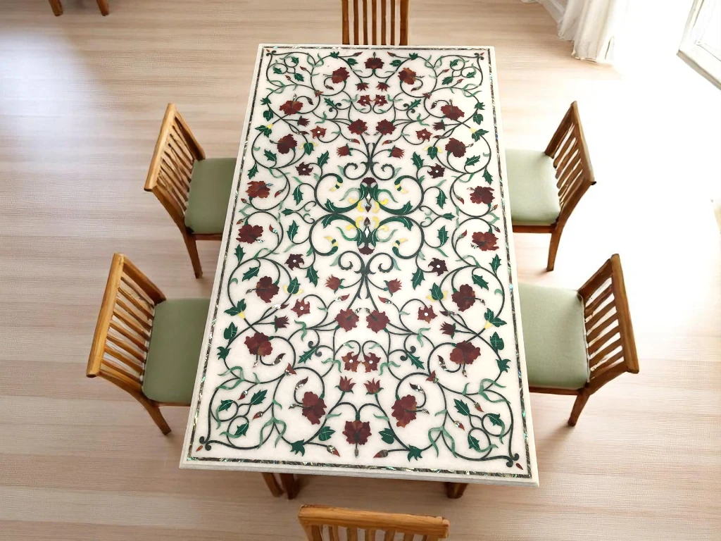 White Marble Dining Room Table : Semi Precious Inlay Gemstone